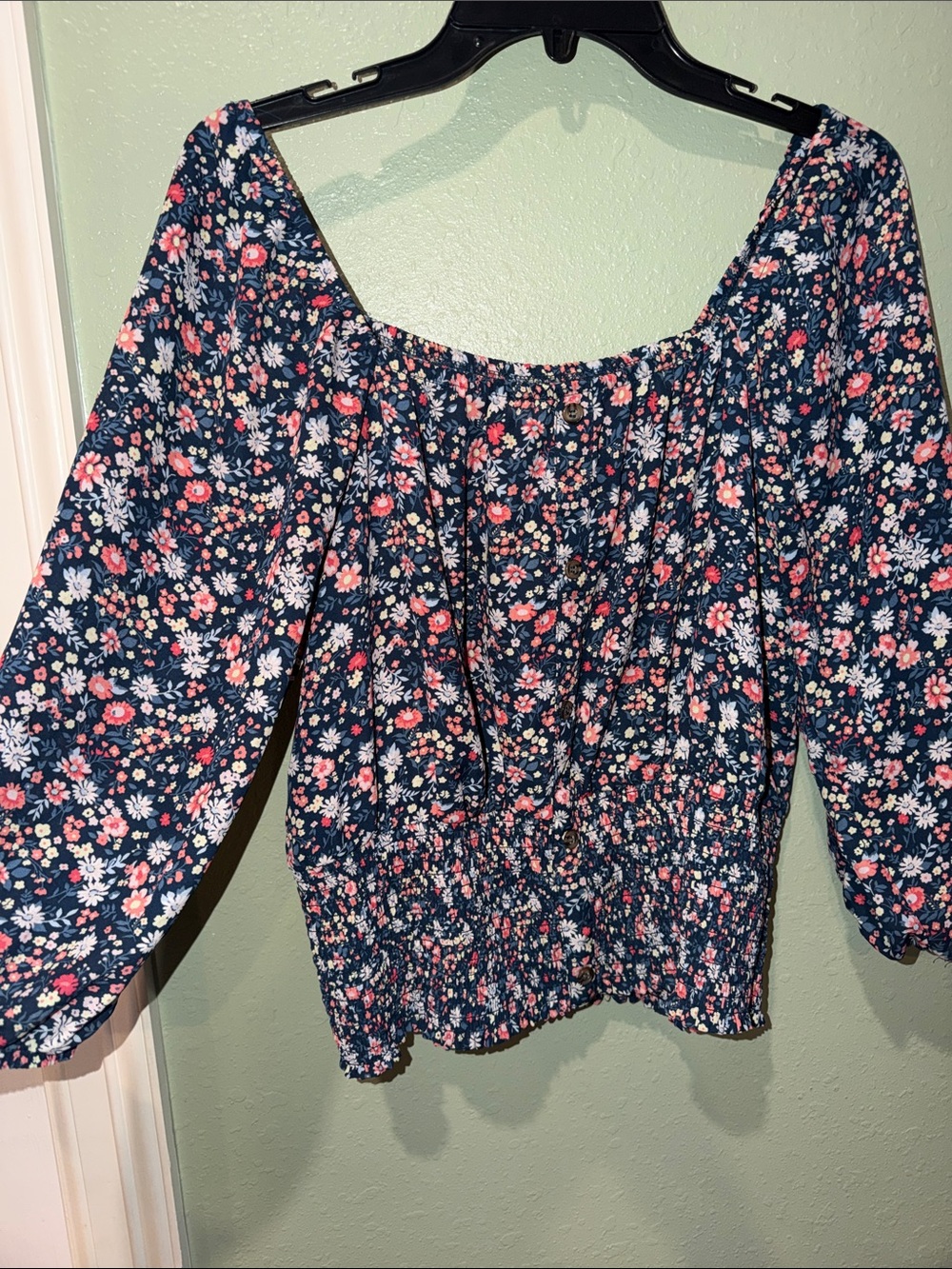 NOBO Navy Floral Off-Shoulder Blouse with Pink & White Accents